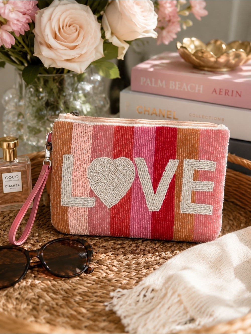House of Harlow 1960 | Pink Multi 'LOVE' Beaded Wristlet Makeup Travel Bag 🩷
